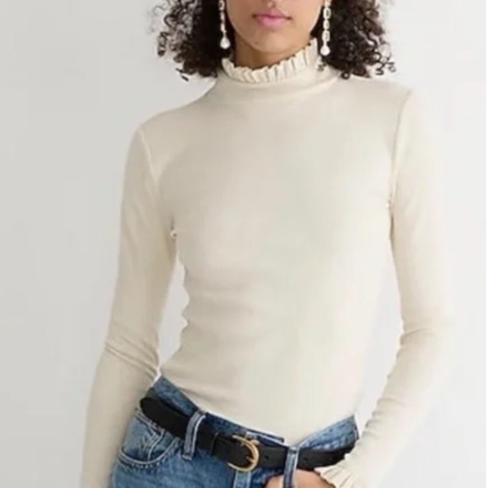J. Crew Vintage rib ruffle mockneck shirt ivory white Medium